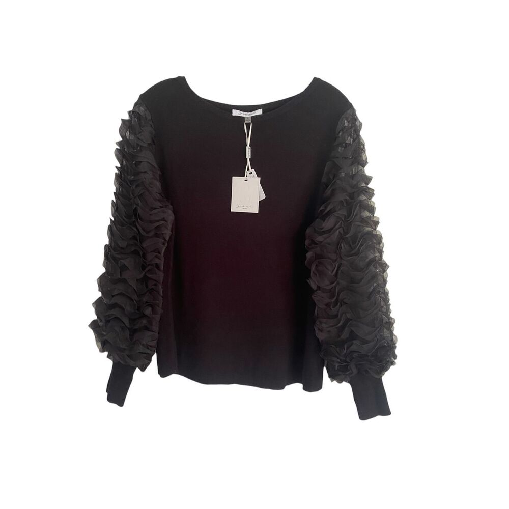 Sioni Milano mixed media boat neck sweater in black with ruffled long sleeves Sz